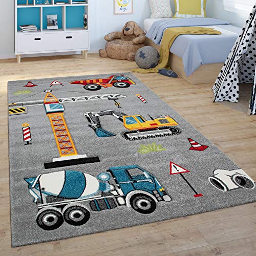 Paco Home Kinder-Teppich, Spiel-Teppich Für Kinderzimmer, Bagger, Kran, Baustelle, Grau,...