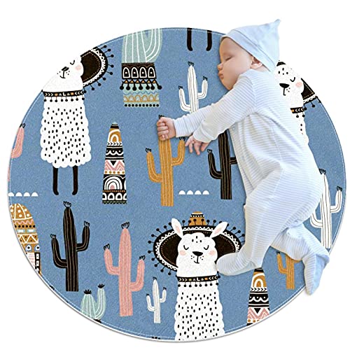 Niedliches Lama Alpaka Kindisch Ultraweiche Baumwolle Baby Kinderteppich Runder Teppich Kleinkind Spiel Spielmatte 80x80cm