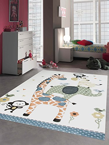 Kinderteppich Spielteppich Babyteppich mit Tiere Elefant Giraffe in Beige Creme Größe 160x230 cm