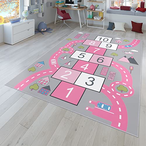 TT Home Kinder-Teppich, Spielteppich Für Kinderzimmer Straßen-Look, Hüpfkästchen, Rosa,...