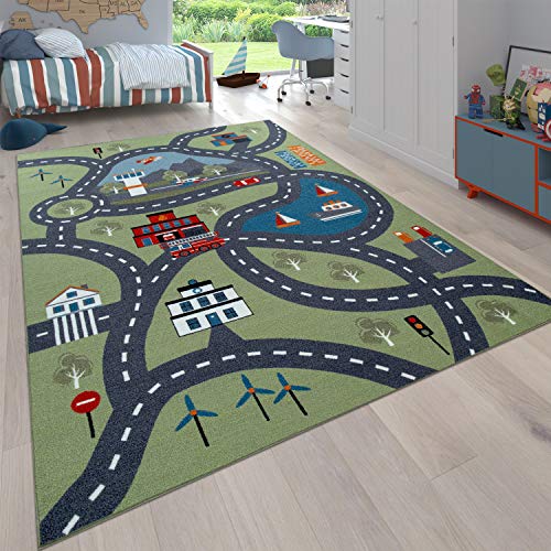 Paco Home Kinder-Teppich Für Kinderzimmer, Spiel-Teppich Mit Straßen-Motiv rutschfest In Grün,...