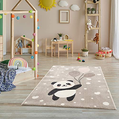 Teppich Kinderzimmer - Teppiche für Kinderzimmer, Kinderteppich, Kinderteppich Mädchen, Bär, Panda, Punkte, Herz, Ballon - Creme-Beige – Größe – 120x170 cm