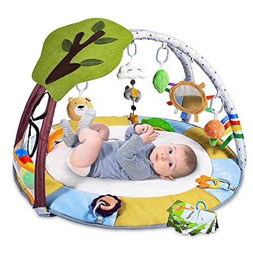 Krabbeldecke für Baby mit 9 Spielzeug, Lup Spieldecke mit Spielbogen für Sensorische und Motorische Fähigkeiten, Spieldecke Baby mit 2 Beißring und Bällebad, Größer, Dicker, Rutschfest, 0m +