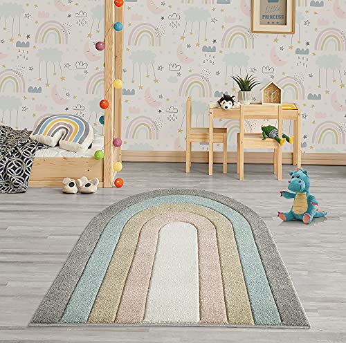 the carpet Monde Moderner Designer Wohnzimmer Teppich, Weicher Kurzflor, Hoch Tief Effekt, Blickfang, Oval, merhfarbig, Regenbogen, Bunt, Anthrazit-Blau-Gold-Mix, 133 x 150 cm, Oval