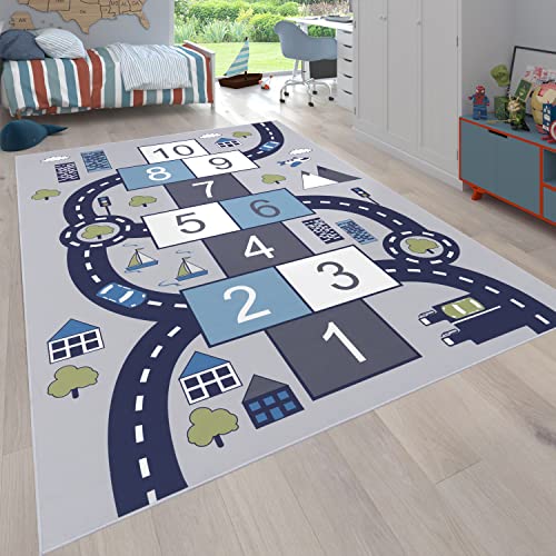 Paco Home Kinder-Teppich Für Kinderzimmer, Spiel-Teppich Mit Hüpfkästchen und Straßen rutschfest...