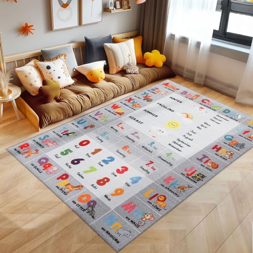 SIMPEX KinderTeppich, Alphabet - Buchstaben - Zahlen - Tiere, Teppich Grau, 120 x 170 cm, Teppich...