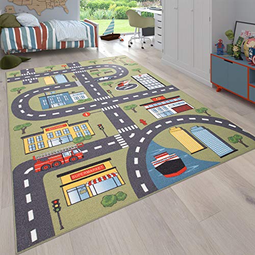 Paco Home Teppich Kinderzimmer Kinderteppich Spielteppich Straßen Und Auto Motiv rutschfest Grün...