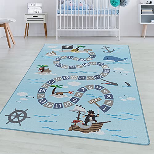 SIMPEX Spielteppich Kurzflor Teppich Kinderteppich Kinderzimmer Seefahrt Piraten Blau, Farbe:Blau, Grösse:80x120 cm