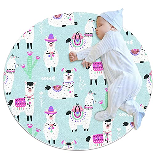 Cartoon Lama Alpaka nahtloses Muster Runder Teppichmuster Runder Kinderteppich Yoga Matte für...