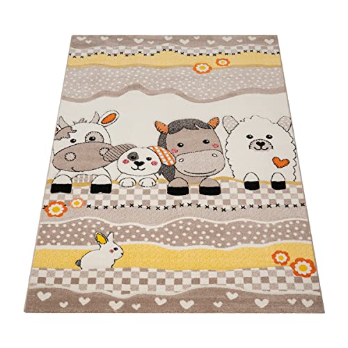 Paco Home Kinderteppich Kinderzimmer Lustige Bauernhof Tiere Konturenschnitt Beige Grau,...
