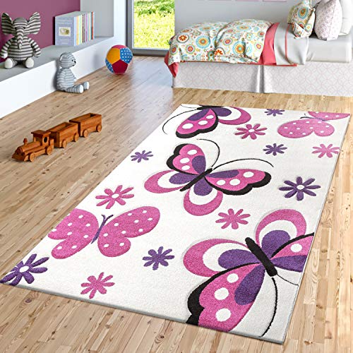 TT Home Schmetterling Teppich Creme Fuchsia Lila Kinderzimmer Teppiche Butterfly Design, Größe:160x230 cm