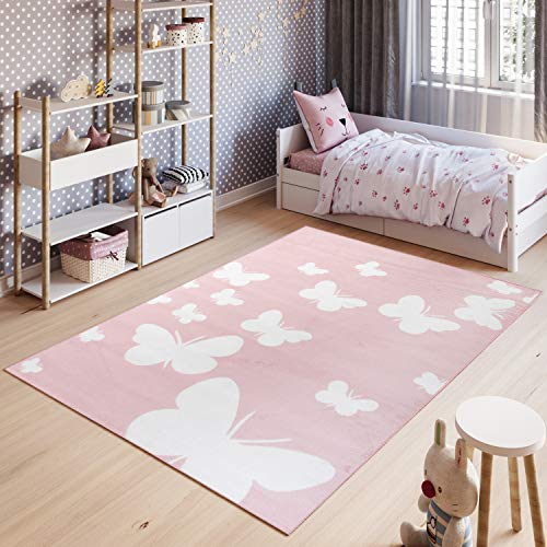 TAPISO Pinky Teppich Kurzflor Kinderteppich Kinderzimmer Pink Rosa Weiß Pastellfarben Modern Schmetterling Spielteppich ÖKOTEX 200 x 300 cm