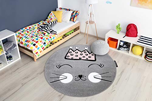 rugsx Kinderteppich Petit für Babyzimmer, Spielteppiche, Kinderzimmer, Katze Krone grau Kreis 140 cm
