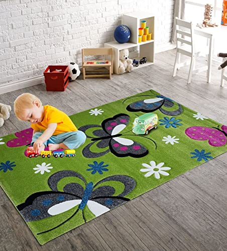 Herzgewebt Merinos Diamond Kids Kinderteppich Hochwertig Trendig Schmetterling Motiv Mehrfarbig Grün, Größe:80 x 150 cm