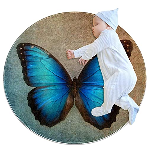 Babyteppich Vintage Blauer Schmetterling Kinderteppich Rund Spielmatte rutschfeste Rund Teppich Krabbeldecke Für Kinderzimmer Spielzimmer 70x70cm