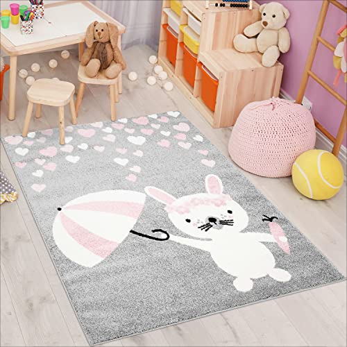 Kinderteppich Bubble Kids Flachflor mit niedlichen Hasen und Herzen in Grau, Rosa für Kinderzimmer...