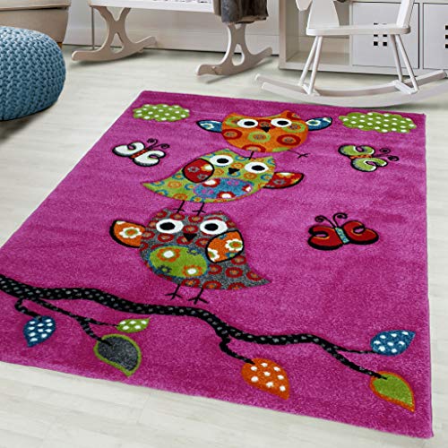 Flycarpets - Tier Kinderteppich - Indoor Kinderteppich - rechteckig - modern - Kurzflor 12 mm - in Größe 80x150 - in Eule pink - Motiv - türkisch gewebt - 100% Polypropylen