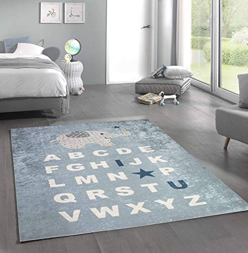 Merinos Kinderteppich ABC Lernteppich Alphabet Spielteppich mit Elefant in Blau Größe 150 cm Rund