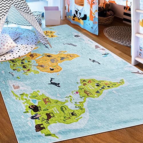 Mazovia Kinderzimmerteppich Antirutsch - Waschbar bis 30 Grad - Spielteppich Weltkarte - Kurzflor...
