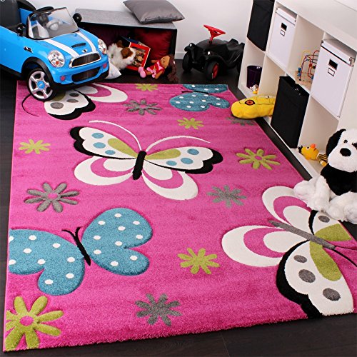 Paco Home Kinder Teppich Schmetterling Design Grün Grau Schwarz Creme Pink, Grösse:80x150 cm