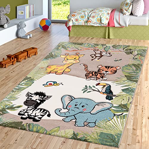 TT Home Kinderzimmer Teppich Dschungel Zoo Tiere Zebra Tiger Löwe AFFE Beige Creme, Größe:80x150...