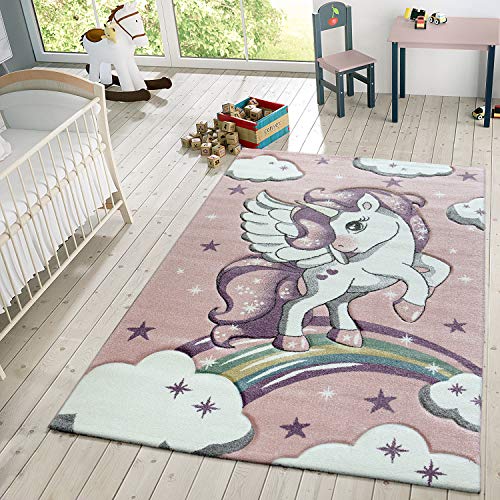 TT Home Kinder Teppich Moderner Spielteppich Einhorn Sternen Design Mit Wolken Rosa, Größe:120x170...