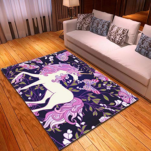 GQYJMSJS Teppich Wohnzimmer Lila Einhorn 80 x 160 cm Hochflor Teppich wohnzimmerteppich rutschfeste Unterseite Wohnzimmer Kinderzimmer Schlafzimmer Flur Läufer Teppich