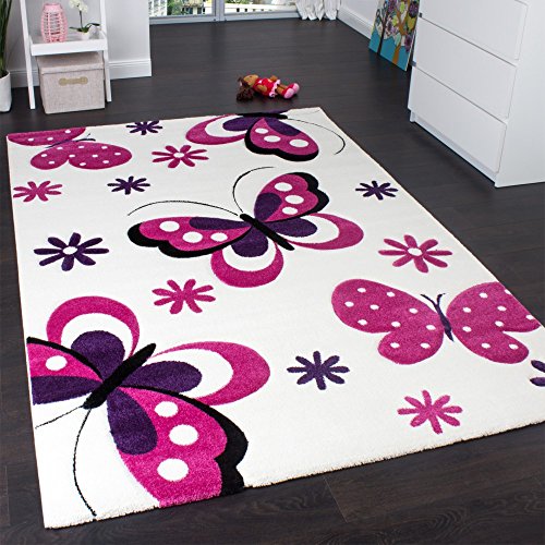 Paco Home Kinderteppich Schmetterling Trendiger Teppich Butterfly Design Creme Pink, Grösse:120x170 cm