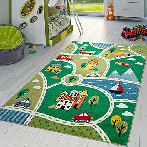 TT Home Kinder-Teppich, Kurzflor Für Kinderzimmer Mit Straßen-Design, Landschaft in Grün,...