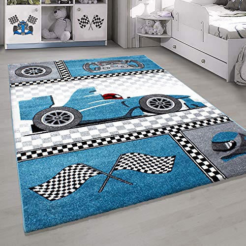 HomebyHome Kurzflor Kinderteppich Formel 1 Rennwagen Kinderzimmer Teppich versch. Farben, Farbe:Blau, Grösse:160x230 cm
