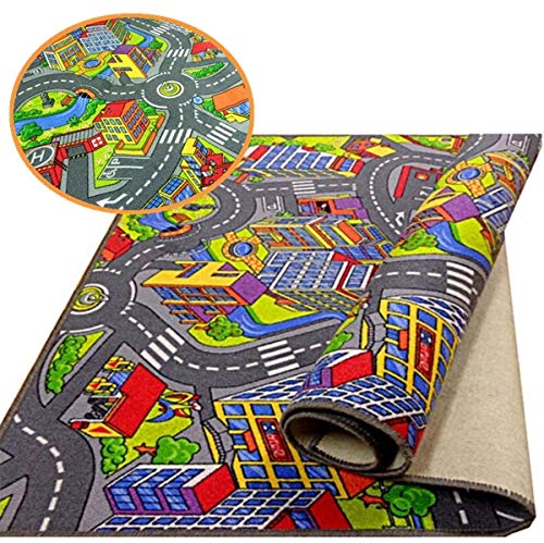 rg-vertrieb Kinderteppich Spielteppich Straßenteppich Stadt Kinderzimmer Häuser Auto Teppich für...