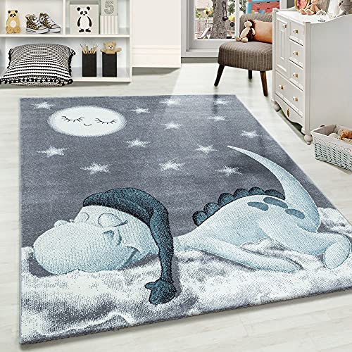 Carpetsale24 Kinderteppich süßes Dinosaurier Muster Blau und Grau 120 x 170 cm - Kurzflor Teppich...