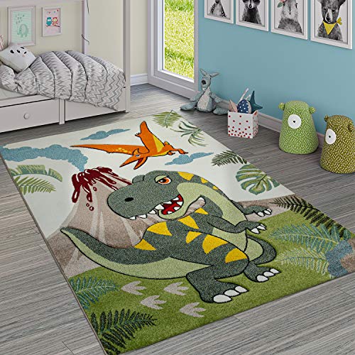 Paco Home Kinderzimmer Teppich Grün Dinosaurier Dschungel Vulkan 3-D Effekt Kurzflor,...