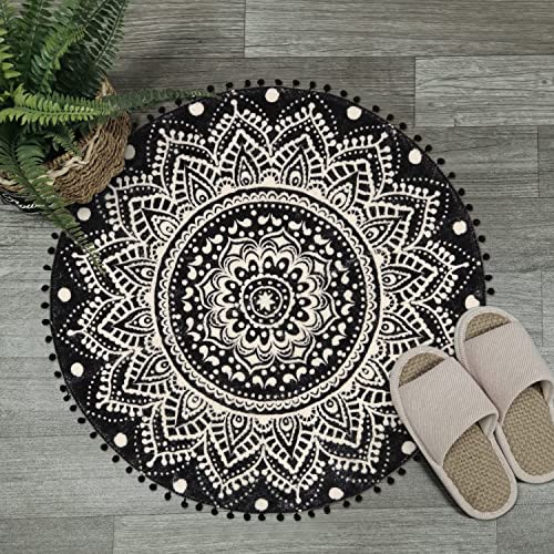 Boho Runder Teppich 90cm Schwarz Mandala Weicher Badezimmerteppich mit Pom Pom Fransen Rutschfest...