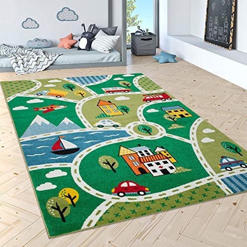 Paco Home Kinder-Teppich Mit Straßen-Design, Kurzflor Für Kinderzimmer, Landschaft in Grün, Grösse:230x320 cm