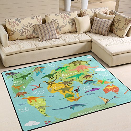 Use7 Teppich mit Cartoon-Weltkarte und Dinosaurier-Motiv, für Wohnzimmer, Schlafzimmer, 160 cm x 122 cm
