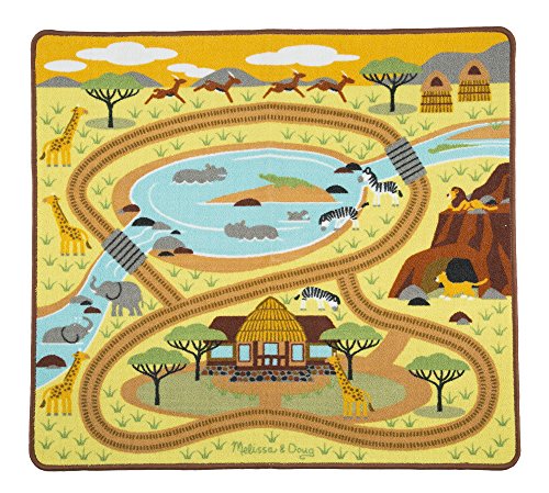 Melissa & Doug 19428 Spielteppich (100 x 90 Zentimeter) - Safari mit Holz-LKW und Spielzeugtieren (5...