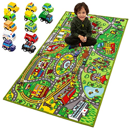JOYIN Teppich Spielmatte mit 12 Autos Pull-Back Fahrzeugset für Kinder ab 3 Jahren, Jumbo Spielteppich Stadt, Straßenverkehrsspielmatte für Spielzimmer