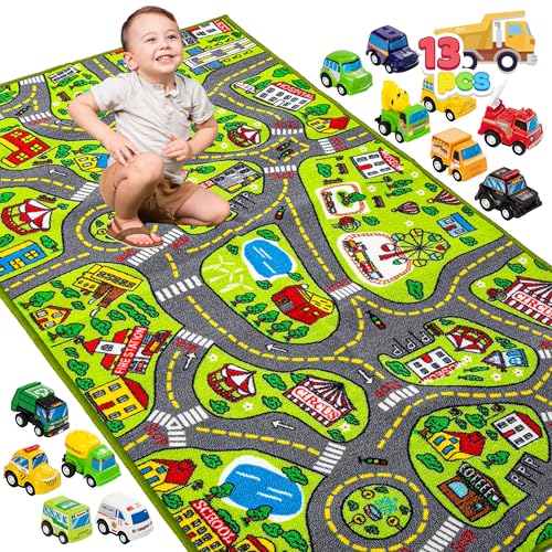 Teppich Kinderzimmer 80x150cm mit 12 Mini Auto Spielzeug für Kinder ab 3 Jahren, Spielteppich...