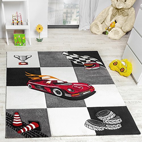 Paco Home Kinderzimmer Teppich Kinderteppich Junge Mädchen Auto Design Grau Creme Schwarz, Grösse:80x150 cm