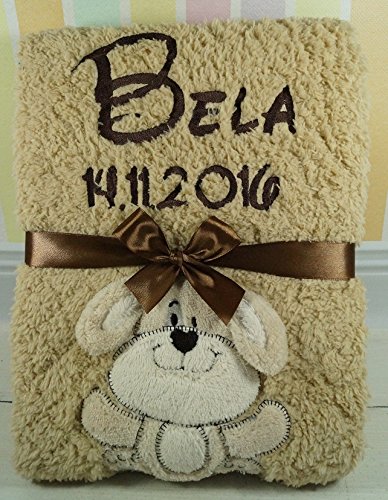 Babydecke mit Namen und Datum bestickt Baby Geschenke Geburt (Braun - Hund - flauschig)