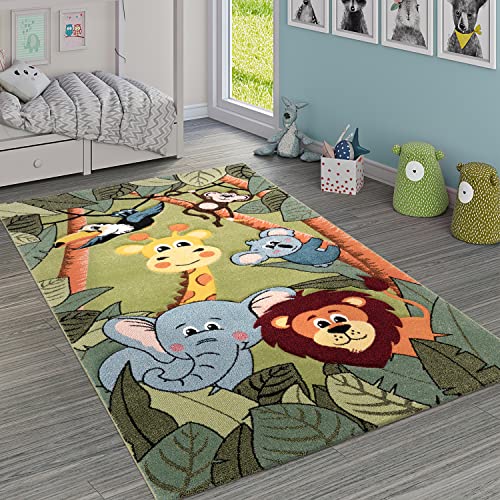 Paco Home Kinderteppich Kinderzimmer Dschungel Tiere Giraffe Löwe AFFE Nilpferd Grün,...