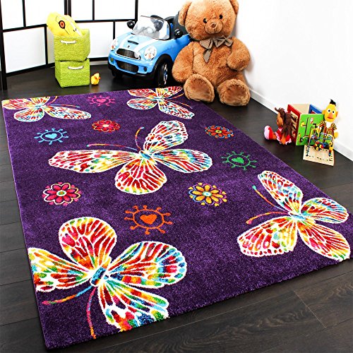 Paco Home Moderner Kinder Teppich Butterfly Schmetterling Design in Lila Top Qualität, Grösse:80x150 cm