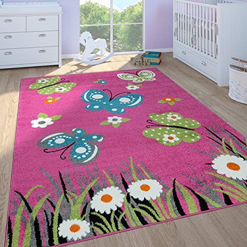 Paco Home Kinderteppich Kinderzimmer Spielteppich Kurzflor Schmetterlinge Blumen In Pink, Grösse:120x170 cm