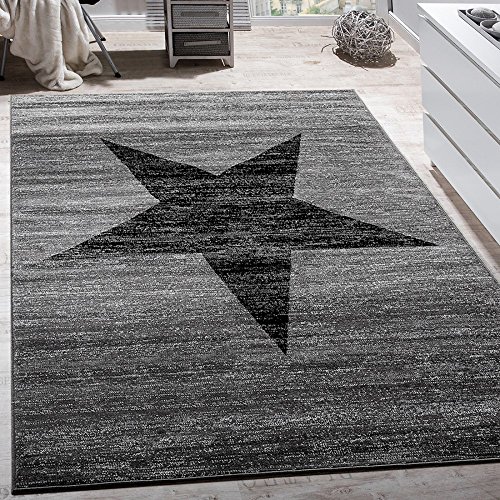 Paco Home Designer Teppich Stern Muster Modern Trendig Kurzflor Meliert In Grau Schwarz, Grösse:120x170 cm
