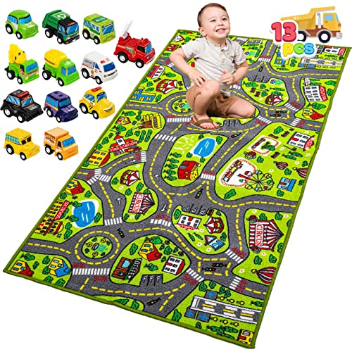 Teppich Kinderzimmer 80x150cm mit 12 Mini Auto Spielzeug für Kinder ab 3 Jahren, Spielteppich...