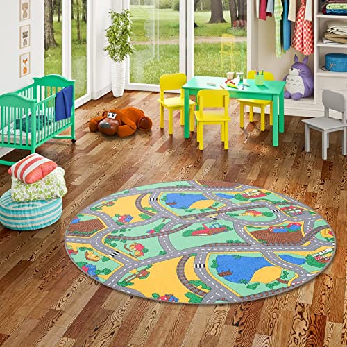 Snapstyle Kinder Spiel Teppich Strassenteppich Grün Grau Rund in 7 Größen