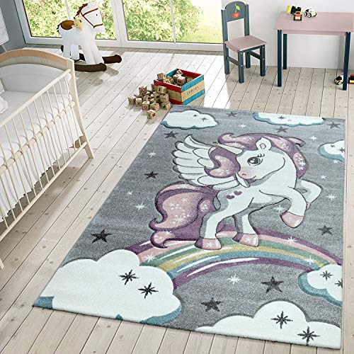 Spielteppich Kinderzimmer Bunt Grau Einhorn Sternen Design 3-D Muster Robust, Größe:140x200 cm