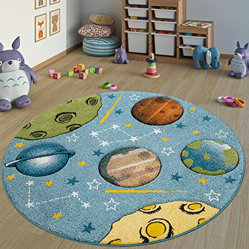 Paco Home Kinderteppich Kinderzimmer Teppich Rund Kurzflor Weltraum Planeten In Blau, Grösse:Ø 160 cm Rund