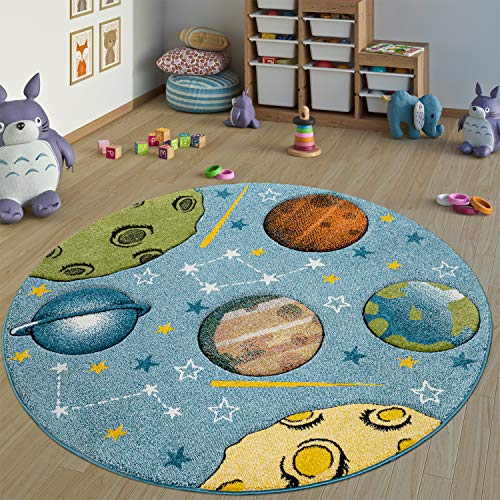 Paco Home Kinderteppich Kinderzimmer Teppich Rund Kurzflor Weltraum Planeten In Blau, Grösse:Ø 160...